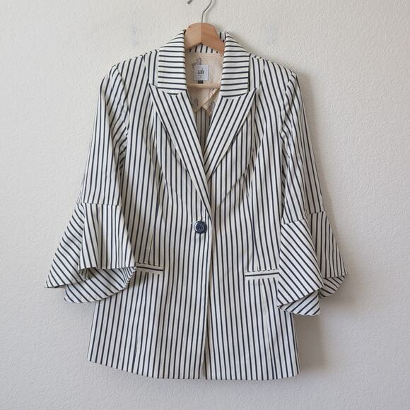 CAbi Women's White Navy Striped Bell Sleeve Blazer Jacket Size 2 Classy Elegant - Picture 5 of 14
